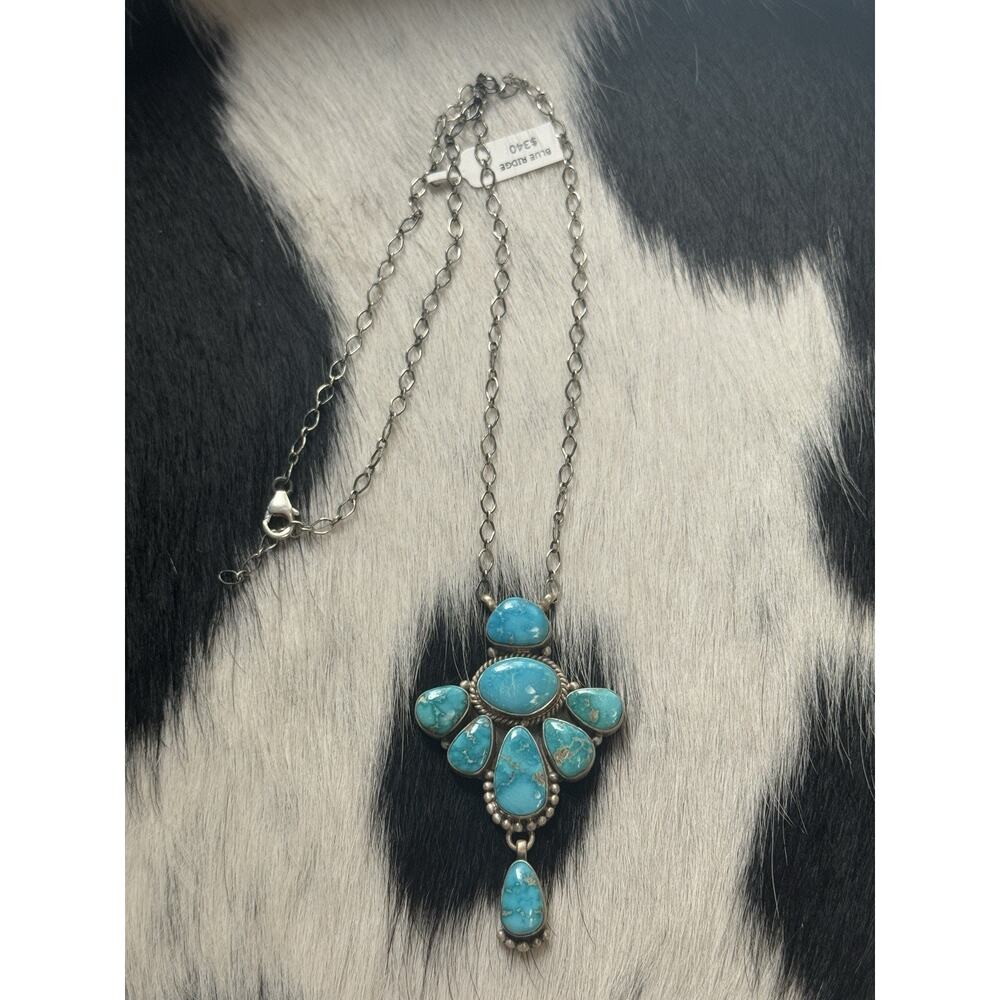 Native American SW Sterling Silver Blue Ridge Turquoise Cluster Blossom Necklace - Picture 2 of 9